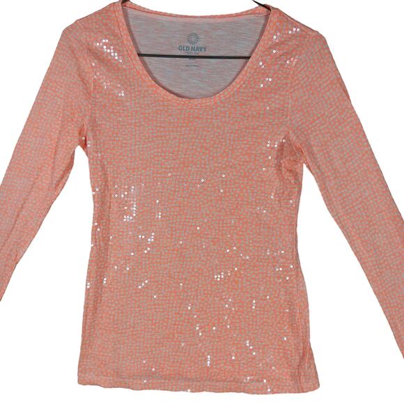 Old Navy Long Sleeve Top Size Small Orange Sequined Gray Polka Dots Cotton Blend - Picture 2 of 6